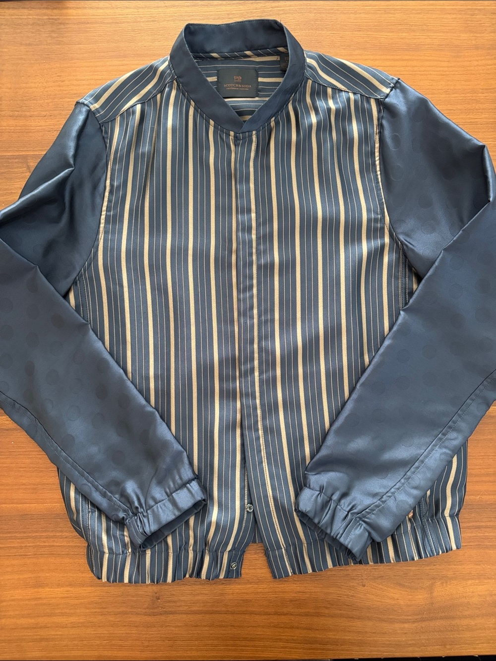 Scotch & Soda Men's Navy Striped Lightweight Bomber Jacket with polka dot sleeve